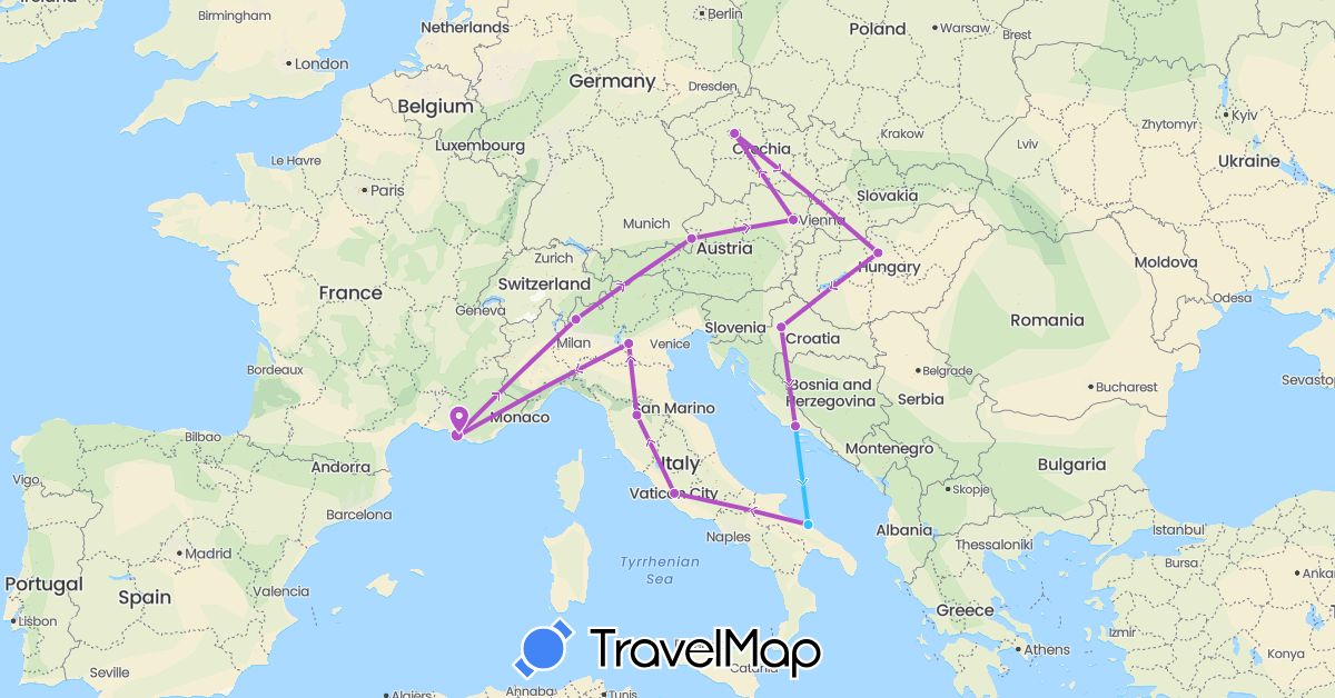 TravelMap itinerary: driving, train, boat in Austria, Czech Republic, France, Croatia, Hungary, Italy (Europe)